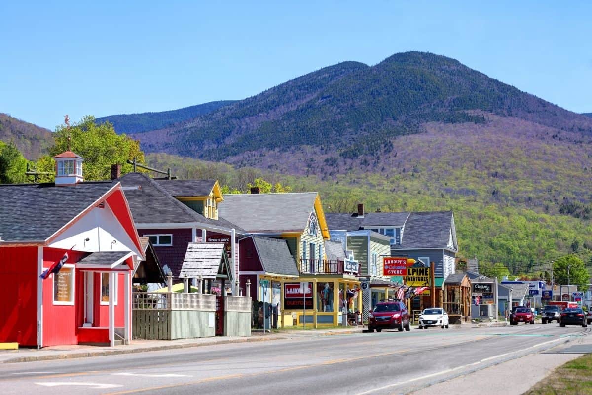 Colorful shops along Main Street in Lincoln, a White Mountains, NH town
