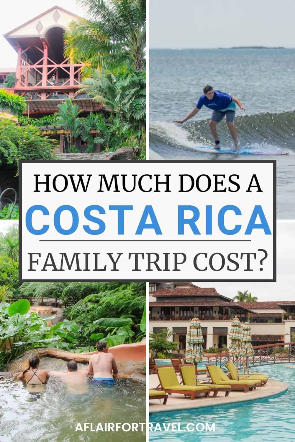 Picture collage for a family vacation in Costa Rica showing a rainforest hotel, teenager surfing, a family in hot springs, and a resort swimming pool with with the title "How Much Does A Costa Rica Family Trip Cost?"