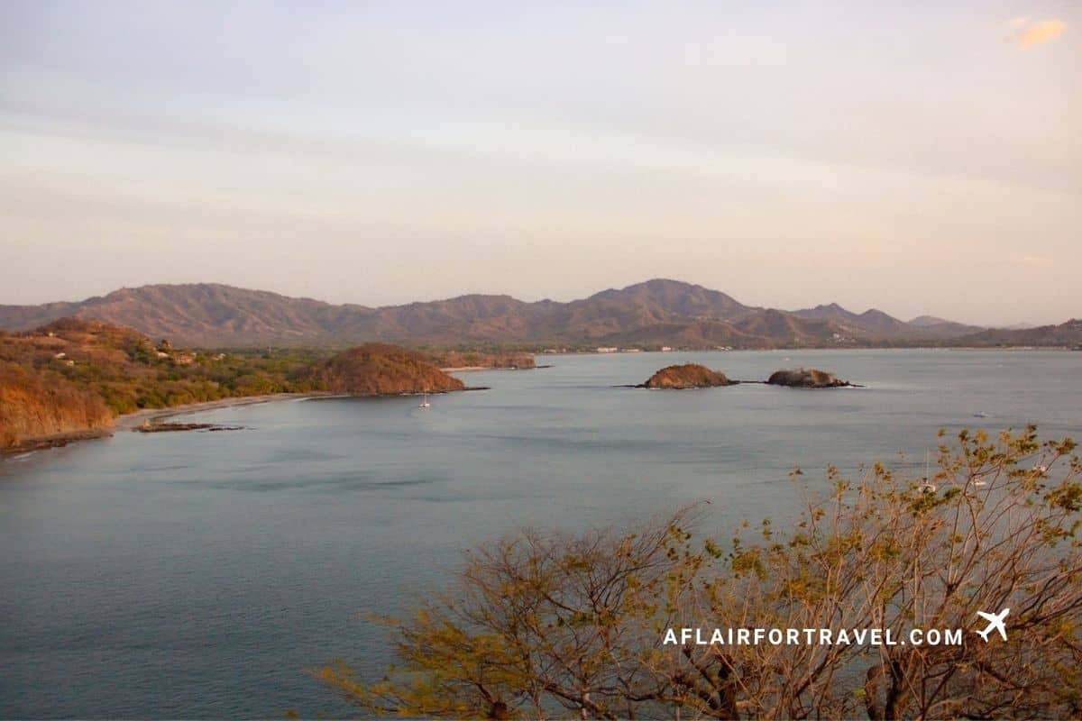 Coastal view of Culebra Bay's islands and mountains at dusk in Guanacaste, Costa Rica
