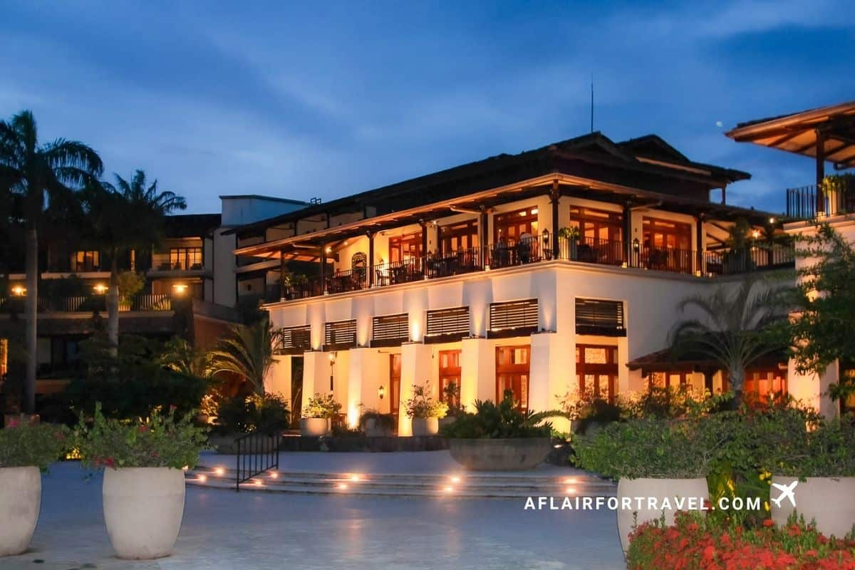 Resort building lit up at night in Guanacaste, Costa Rica