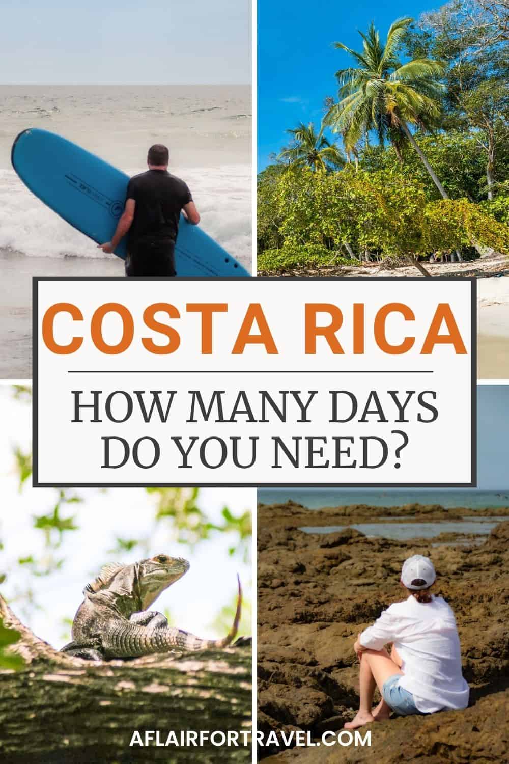 Pinterest pin featuring four photos of Costa Rica, including a man carrying a surfboard, a tropical beach lined with palm trees, an iguana, and a woman sitting by the ocean, with text reading “Costa Rica: How Many Days Do You Need?”