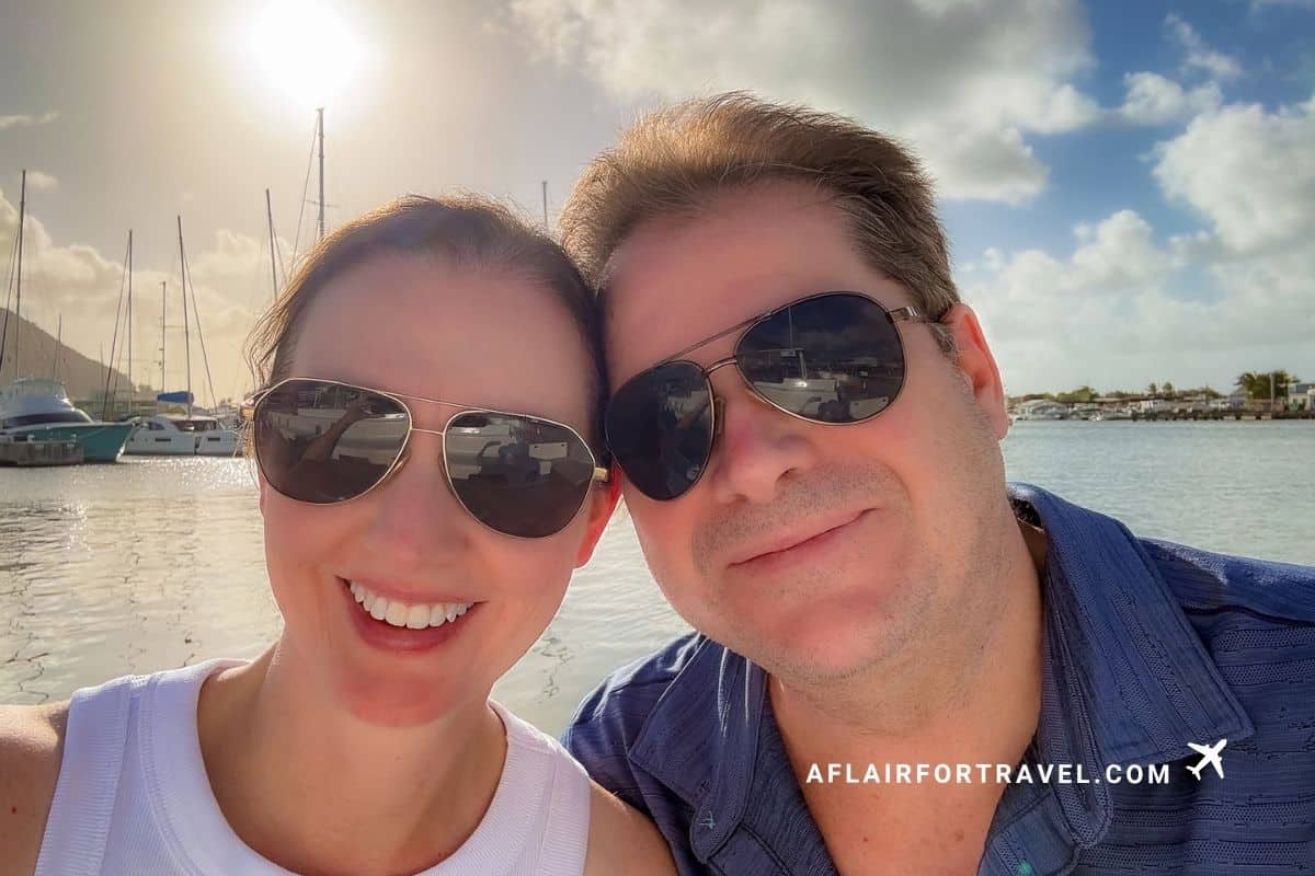 Couple taking a selfie at the marina in Marigot Bay, St. Lucia