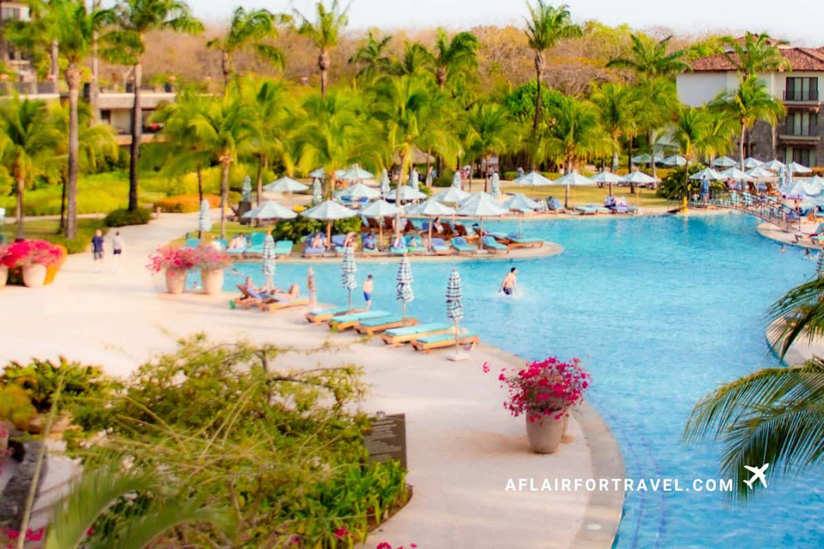 Resort pool surrounded by palm trees, lounge chairs, and bougainvillea in Guanacaste, Costa Rica