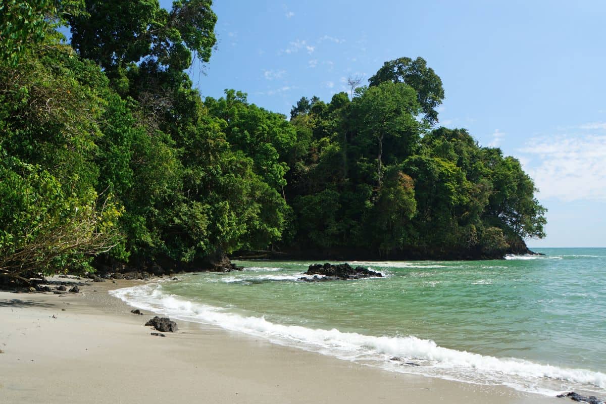 Forested cove with calm green water and dark rocks in Manuel Antonio, one stop to weigh when deciding how many days you need in Costa Rica