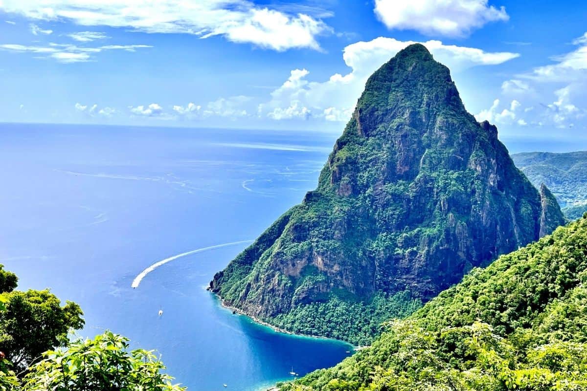 Aerial view of Gros Piton and the coastline from above